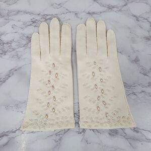 Vintage 50s English Cotton Beaded Evening Dress Formal Gloves